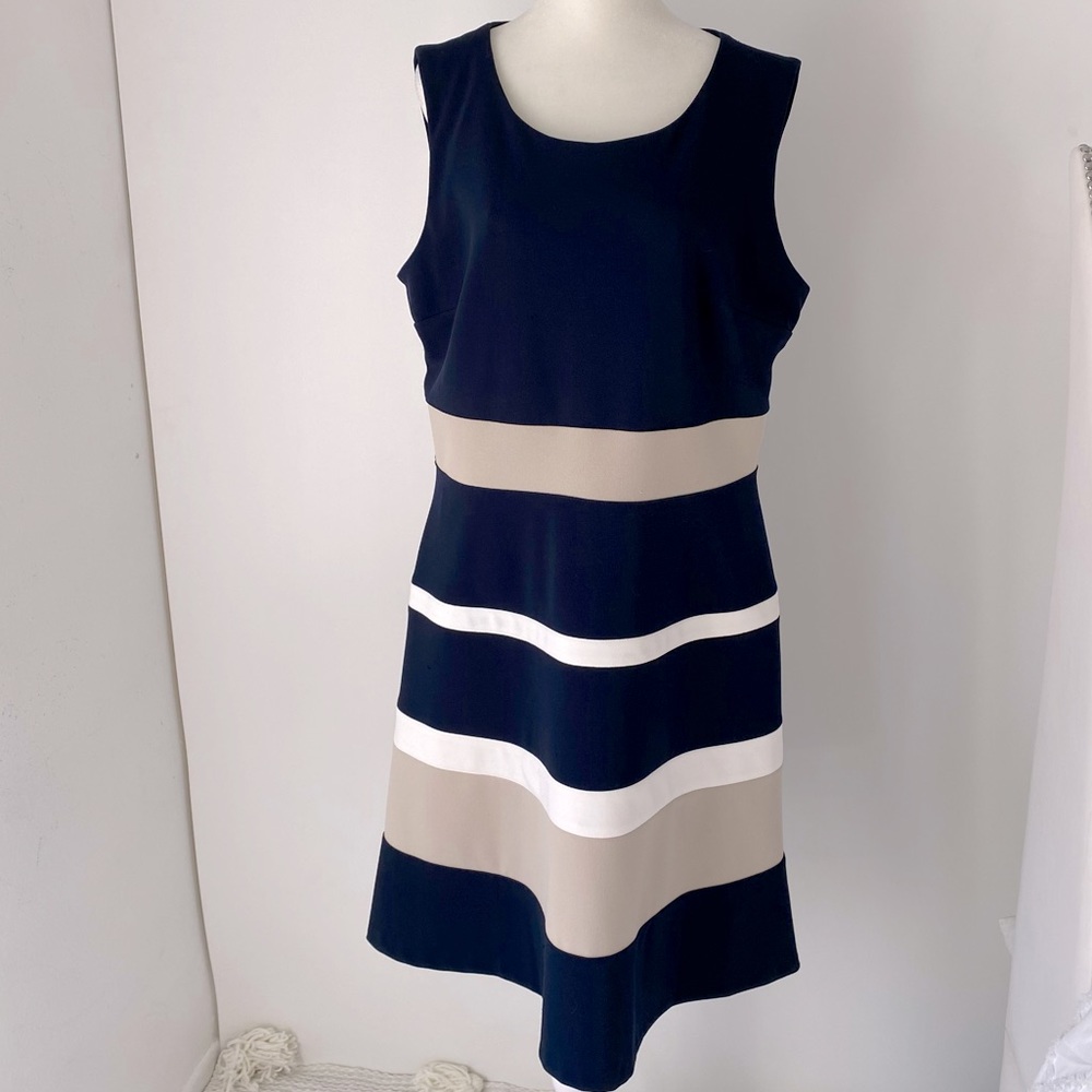 Tommy Hilfiger Dress Midi 16 Black White and Cream Stripes Preloved Sleeveless